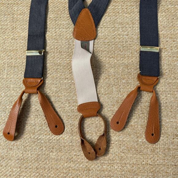 Trafalgar Suspenders Cream Navy Gray Leather Button On Braces USA Made - Picture 2 of 12